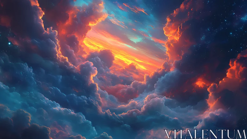 Vivid digital skyscape shows glowing clouds and sunset light