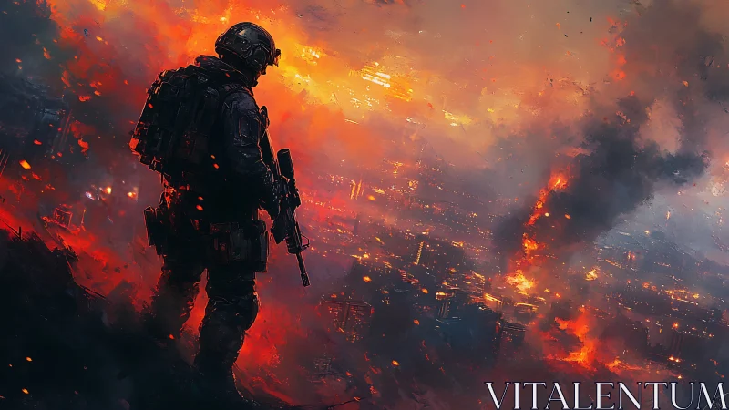 Warrior Silhouette Overlooking Inferno of Ruined Metropolis.