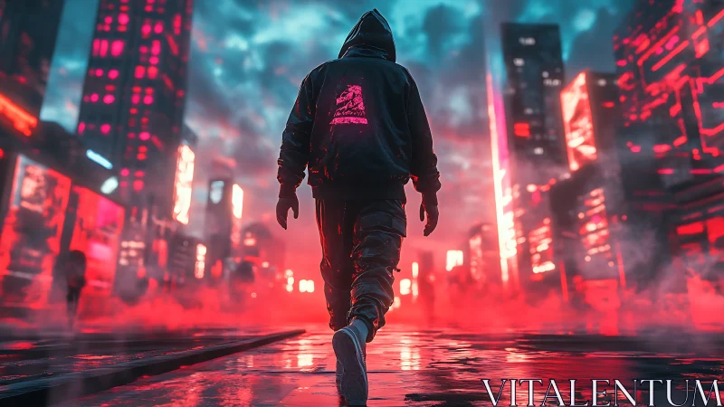 Cyberpunk neon streetscape with hooded figure in motion.