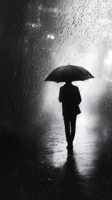 Silhouetted person with umbrella on wet city street at night.