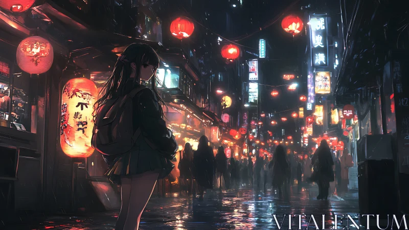 Girl walks alone through rainy neon lantern street at night