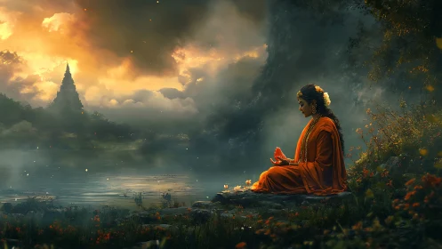 Sunset temple reverie by a lake of whispering stillness.