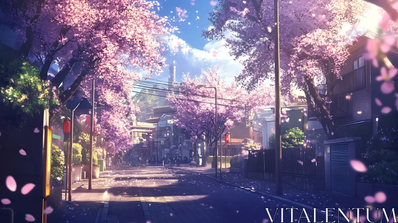 Sunlit cherry blossom street under drifting spring petals.