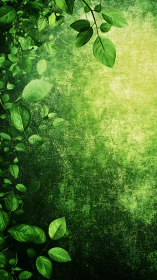 Vertical leafy border against grunge-textured green gradient field