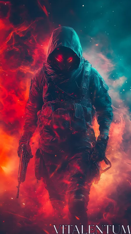 Mysterious hooded warrior walking through blazing neon fire.