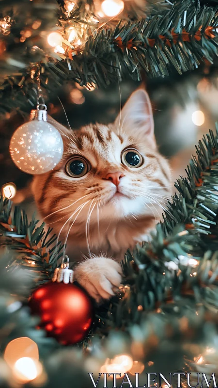Photorealistic kitten nestled in luminous Christmas tree bokeh.