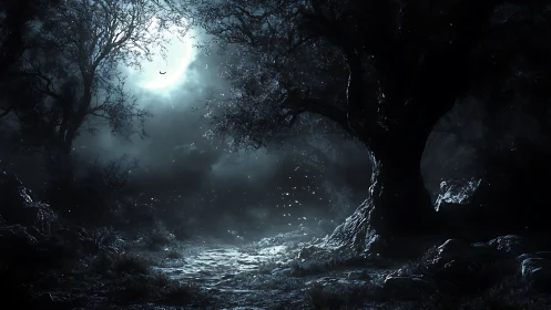 Moonlit forest path glowing softly through midnight mist.