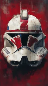 Battleworn trooper helmet stares out from crimson silence
