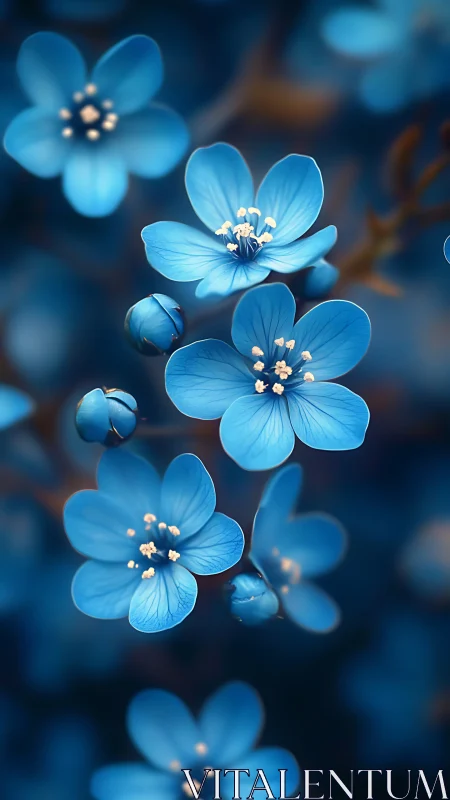 Delicate blue forget-me-nots with prominent cream stamens in soft-focus botanical photography. Close