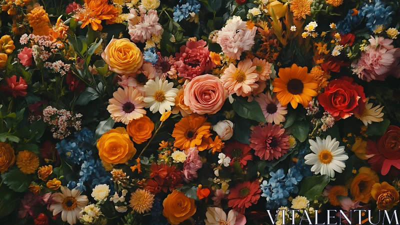 Dense Floral Composition Against Dark Background.