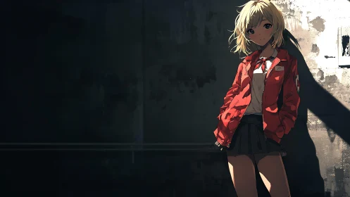 Blonde girl in red jacket leans in harsh urban sunlight.