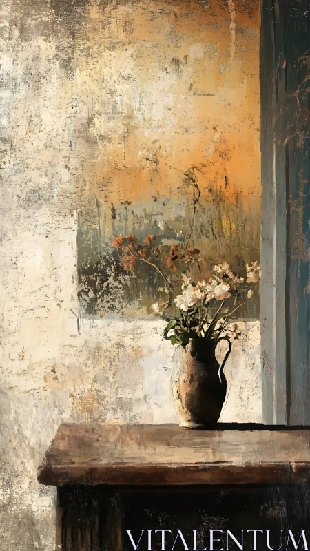 Rustic still life with earthenware jug and fading flowers.