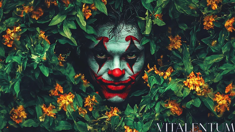 Clown makeup face framed by dense green foliage and flowers