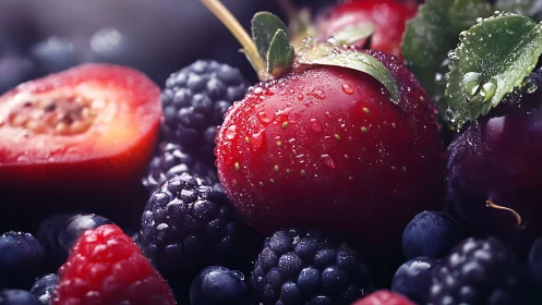 Juicy summer berries and cherries glisten with fresh droplets