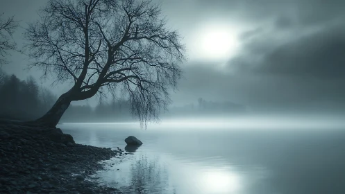 Leaning tree beside mist-covered lake under diffuse light.
