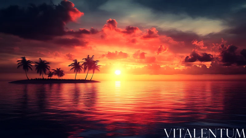 Sunset paints an island silhouette in molten tropical fire