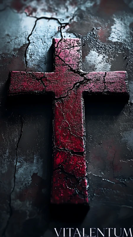 Cracked crimson cross leans forward like a wounded monument