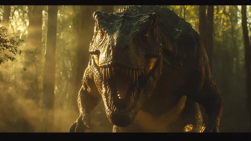 Roaring tyrannosaur emerging through cinematic forest haze.