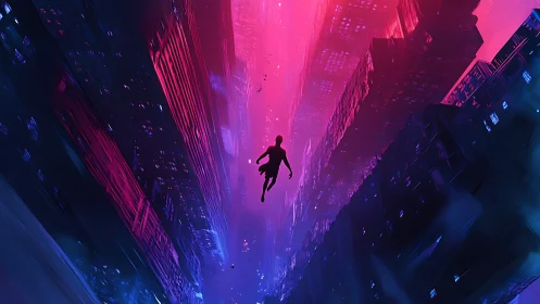 Solitary figure descends through neon canyon of abstract city