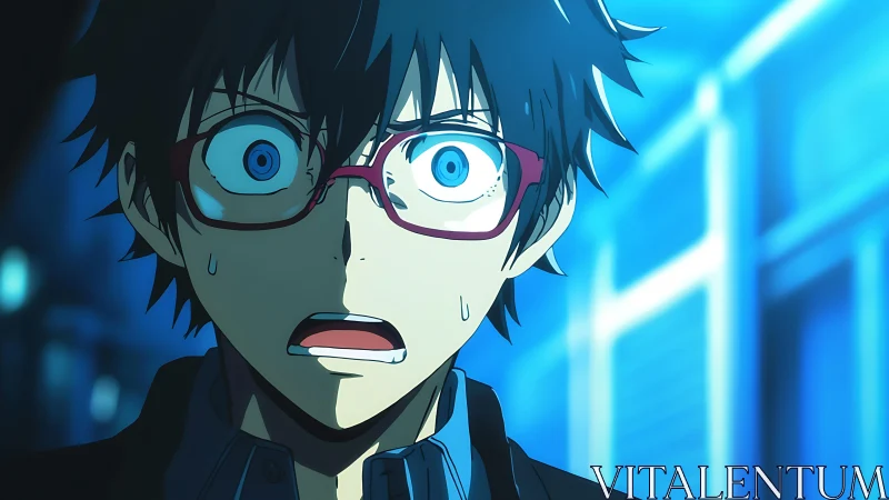 Shocked anime boy in blue backlight with high contrast rim lighting