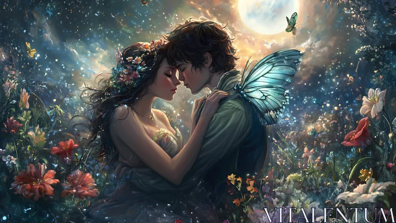 Fantasy couple in moonlit flower meadow with butterflies.