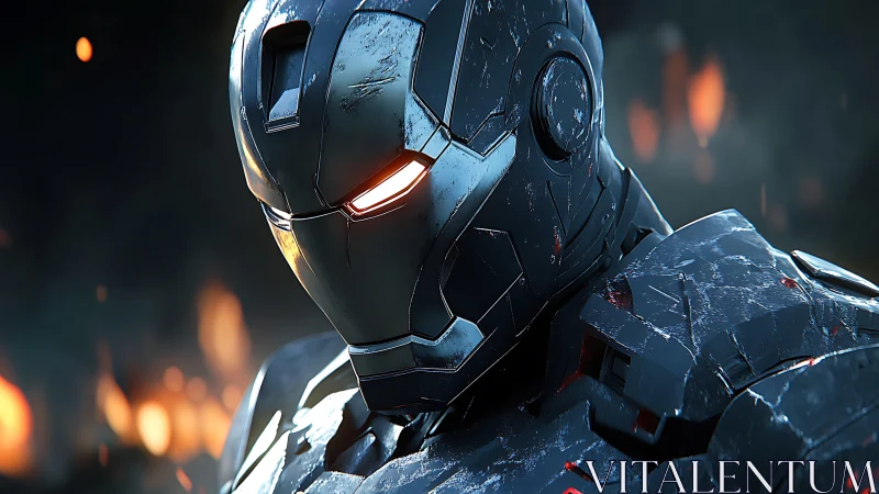 Battle-scarred steel guardian under ember-scorched skies.