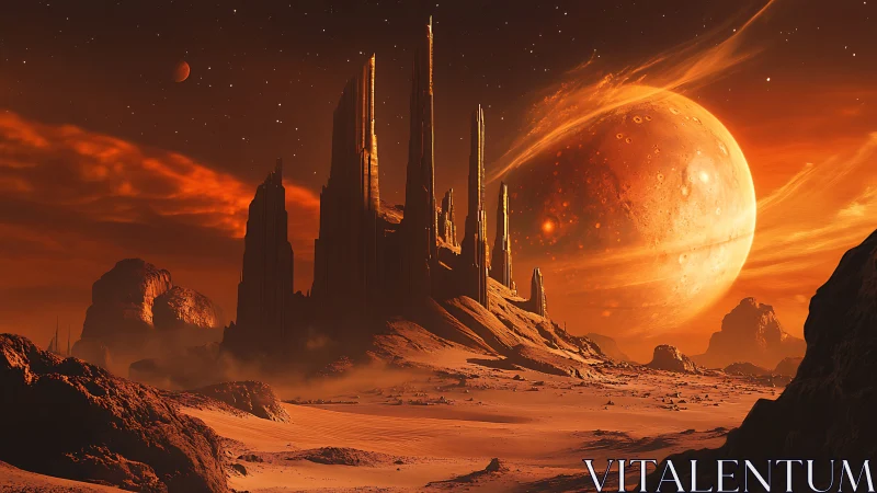 Alien desert citadel under colossal burning planet.