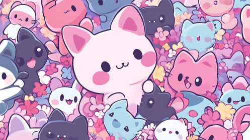 Kawaii Felidae Character Array with Vibrant Chromatography and Dimensional Rendering