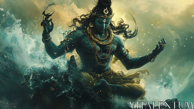 Mythic blue deity meditating within turbulent ocean vortex