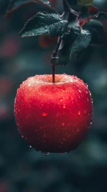 Macro study of dew-covered red apple with shallow depth of field