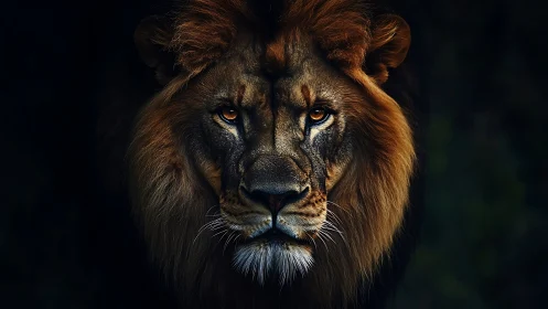 Majestic male lion portrait in cinematic low key lighting.