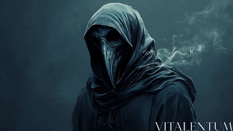 Plague doctor silhouette emerges through cold smoky gloom.