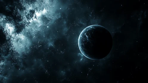 Midnight planet drifts through icy nebular storms of starlight.