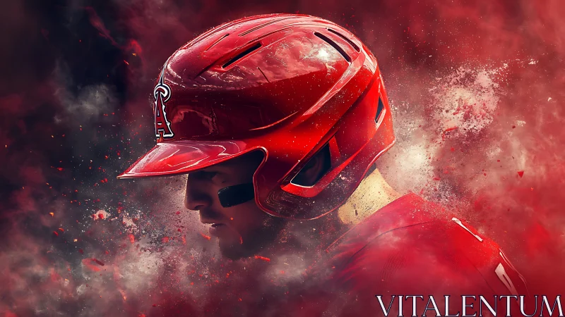 Side-profile baseball batter in red helmet amid kinetic smoke