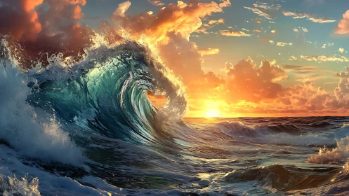 Breaking ocean wave catches sunset light over horizon