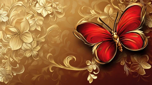 Red butterfly glows over ornate gold floral arabesque.