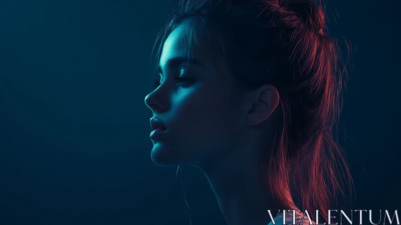 Bicolor rim lighting on female profile in cinematic side view