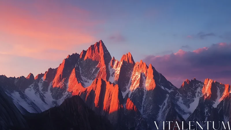 Alpenglow-illuminated serrated granite peaks at civil sunrise.