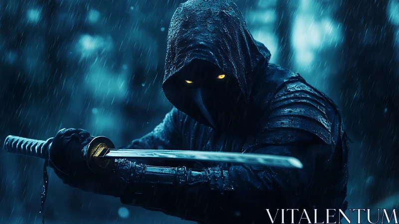 Hooded masked swordsman in rain with drawn katana blade.