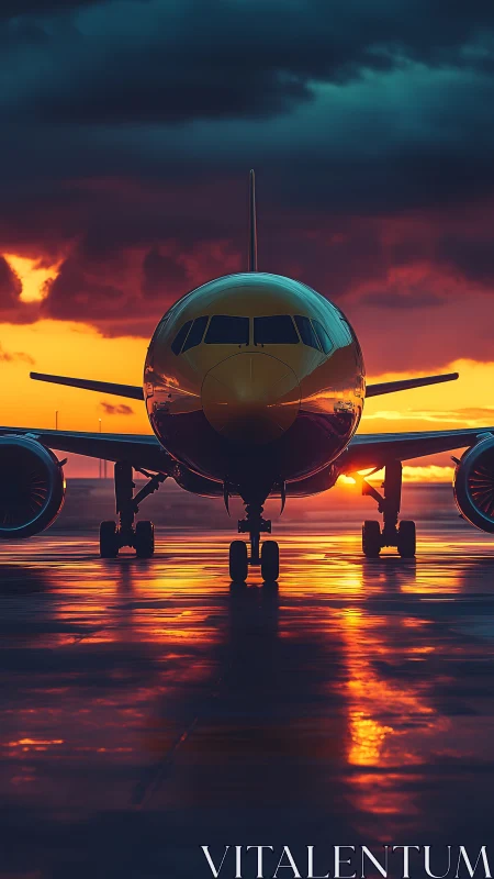 Front-lit narrow-body airliner on wet runway at vivid sunset