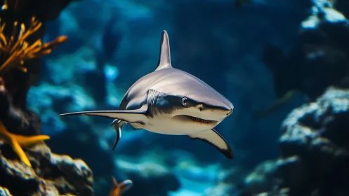 Sleek reef shark glides through a vivid blue ocean world.