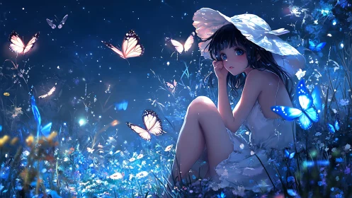 Girl in white dress watches glowing butterflies at night meadow