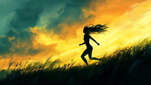 Girl running free under a wild, golden evening sky.