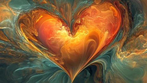 Molten fractal heart burns within swirling teal currents