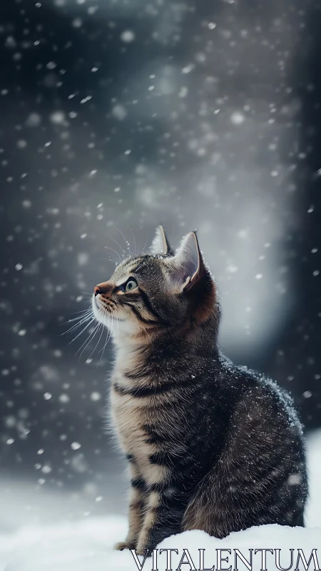 Tabby Cat Gazes Upward Through Falling Snow.