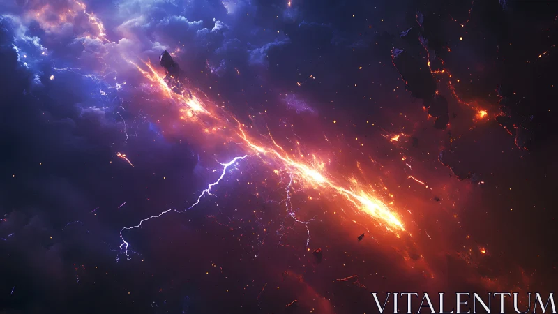 Cosmic lightning river splitting a stormy violet nebula.