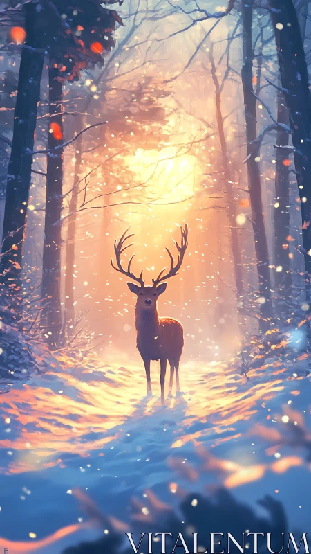 Winter monarch stag bathing in ember-bright forest light.