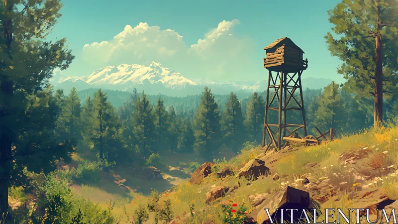 Sunlit forest watchtower welcomes quiet mountain views