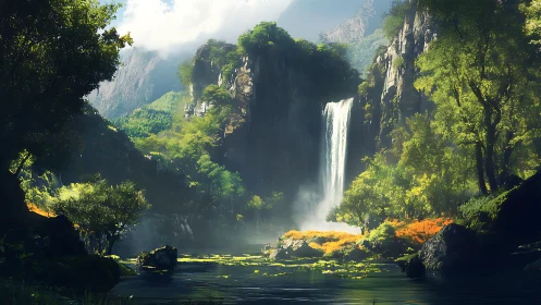 Sunlit waterfall carves a hidden cathedral of emerald cliffs