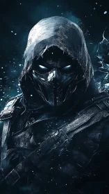 Hooded armored figure with glowing eyes in icy particles.